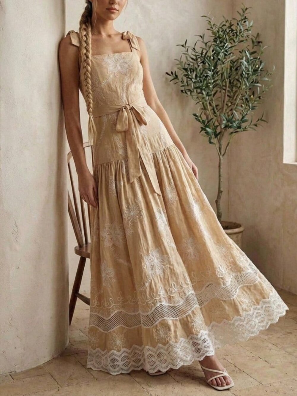 Khaki Elegant Women's Embroidered Lace Trim Waist Tie Sleeveless maxi Dress
